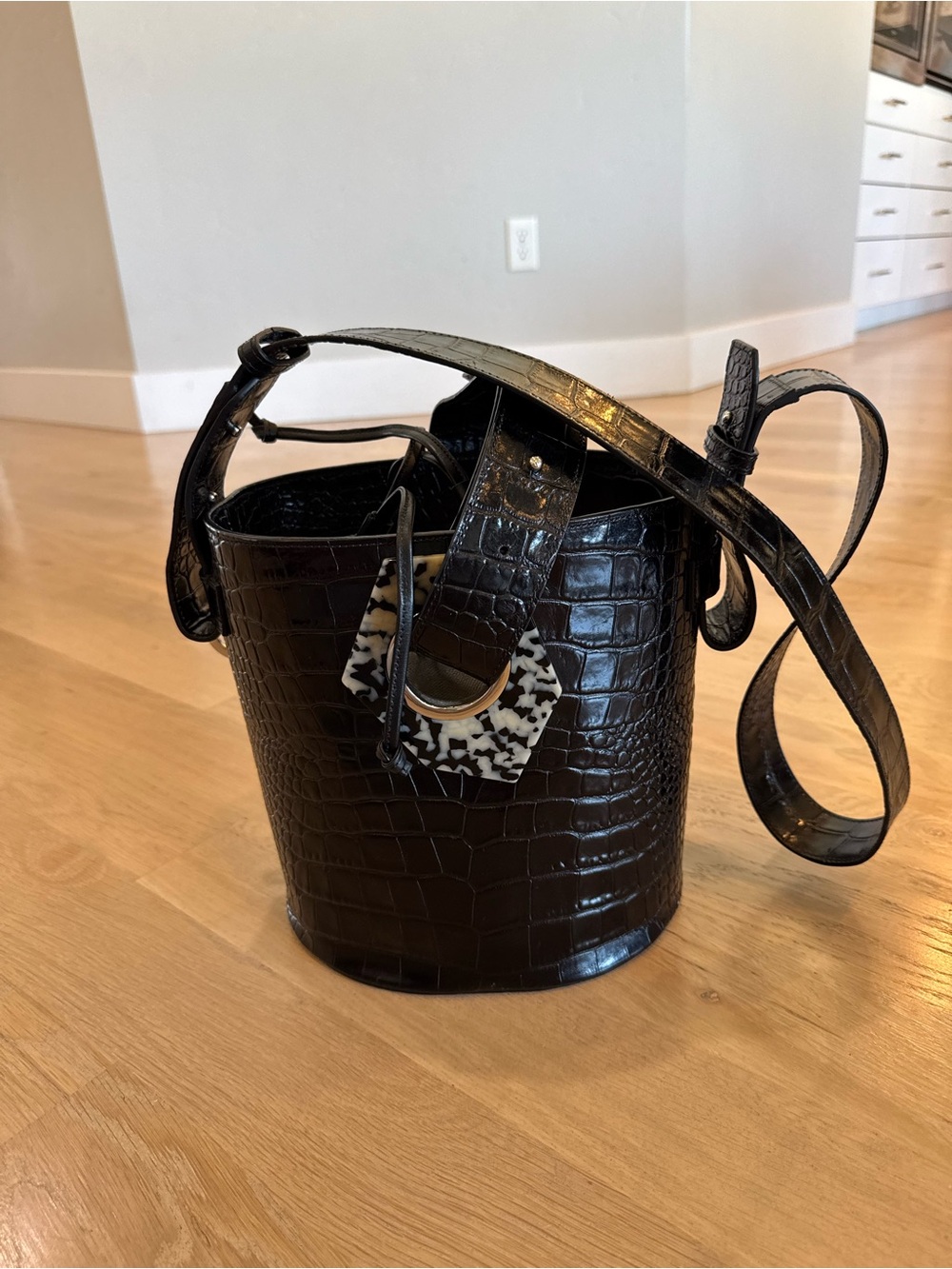Ganni Crocodile embossed leather Bucket Bag In Quartz